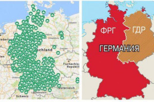 Интересное наблюдение: <br />Слева - карта мечетей в современной Германии. Справа - карта ФРГ и ГДР 